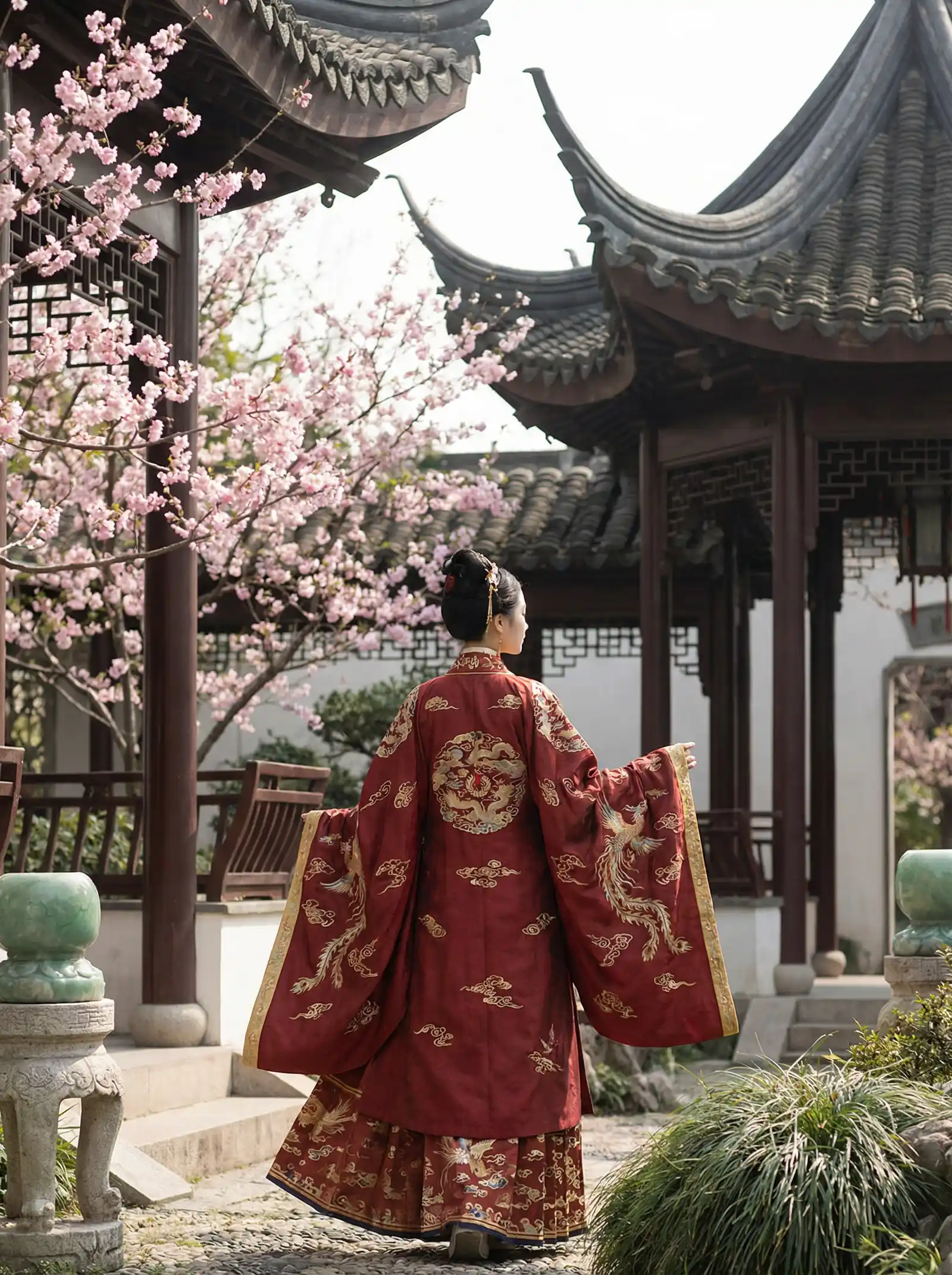 美女大尺度 明制汉服红色凤凰刺绣
